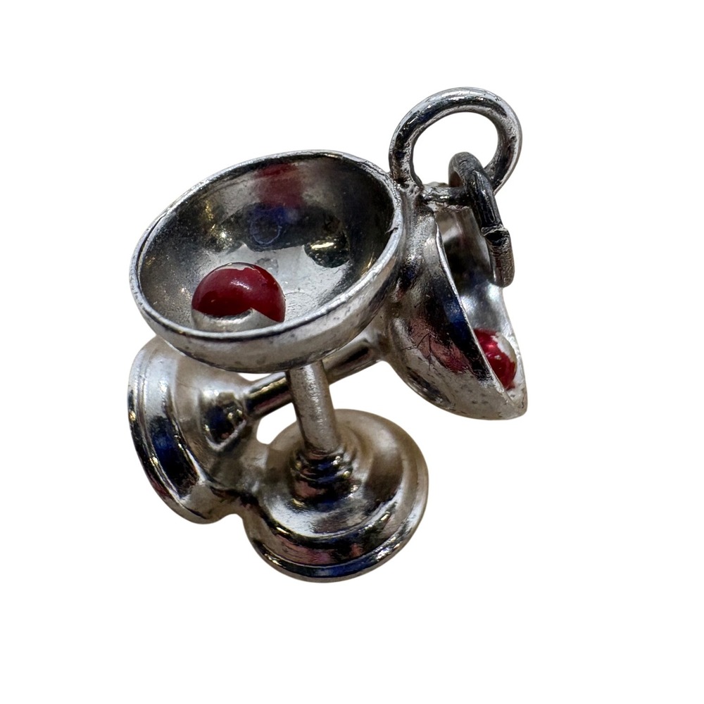 Vintage Sterling Silver Martini Glasses Charm with Red Olive Beads 925 Cocktail